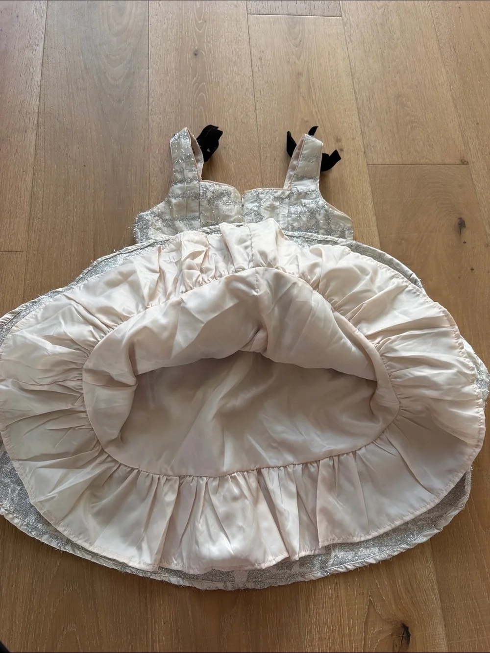 Ivory Metallic Pattern Girls Party Dress with Black Bow Straps